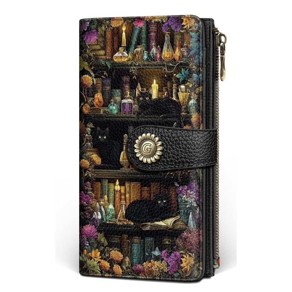 Black Cat Book Shelf Womens Wallet RFID Blocking Witchy Credit Card Holder NEW